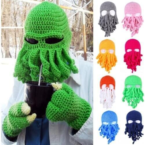 Men Women Funny Crochet Knit Beard Octopus Hat Neon Solid Color Winter Warm Windproof Cosplay Tentacle Pirate Beanie Cap