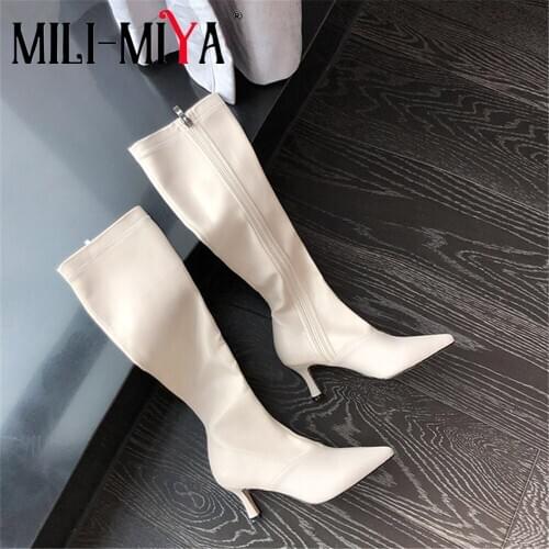 MILI-MIYA New Arrive Cow Leather High Quality PU Women Boots Beauty Stiletto High Heels Knee High Boots Pointed Toe Shoes