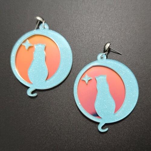 Glitter Sky Blue Kittens Cat Drop Earrings for Women Iridescence Acrylic Trendy Jewellry Cute Girls Kids Accessories