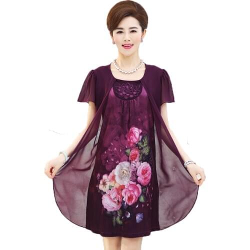 2020 Summer New Fashion Mother Clothing Faux Two Piece Lady Chiffon Dress vestidos Plus Size Print Short Sleeve Women Dresses