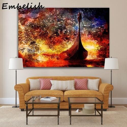 1 Pieces Viking Boat On The Beach With Wood Dragon Wall Pictures Modern Home Decor Canvas Painting For Living Room Framed Poster