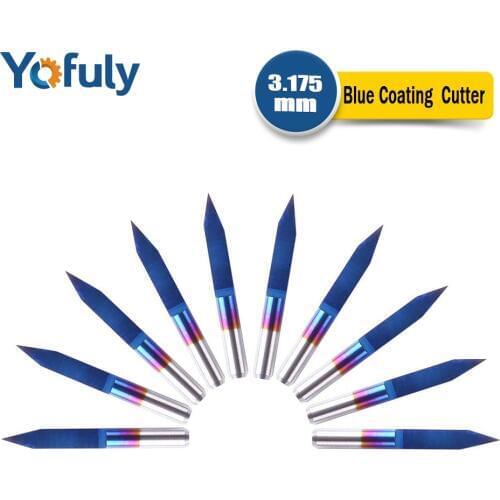 10pcs 3.175mm Blue Coating PCB 3D Milling Cutter 10/15/20/25 Degrees Tungsten Carbide V Shape PCB Engraving Bit CNC Router