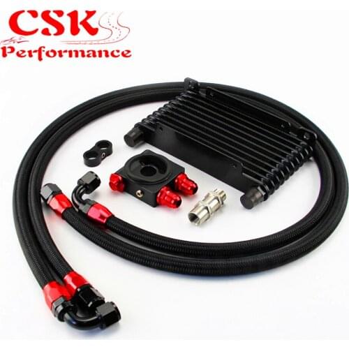10AN 32MM 10 Rows Universal Engine Oil Cooler+Thermostat Sandwich Plate Black