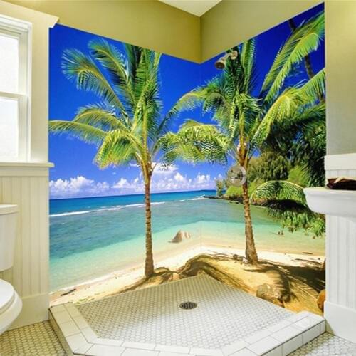 Custom 3D Mural Wallpaper Modern Beach Coconut Palm Seaside Nature Scenery Fresco PVC Waterproof Bathroom Background Wall Papers