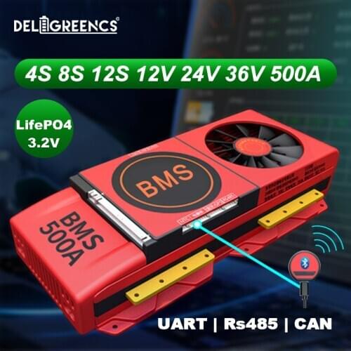 4S 500A LiFePO4 Smart BMS 8S 12S BMS with Fan UART RS485 modbus Bluetooth 12V 24V 36V for electric vehicle