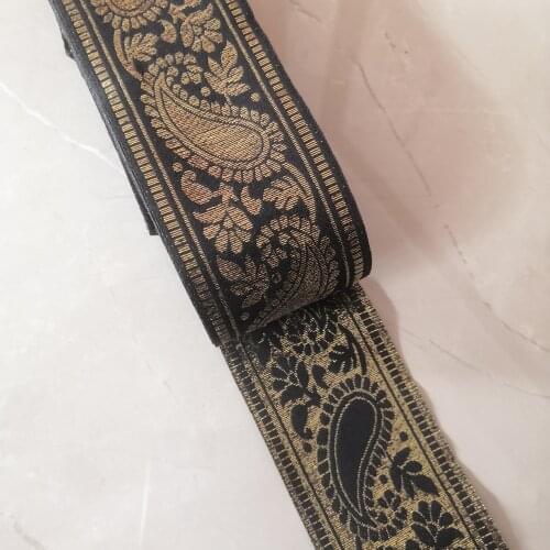 5cm 50mm 2'' Black Gold Metallic Paisley Filigree Floral Flower Ethnic Costume Curtain Laciness National Jacquard Ribbon Webbing
