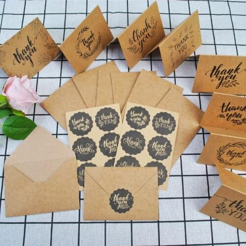 8 Sets Of Kraft Paper Floral Thank You Greeting Cards Vintage Style Stickers Brown Blank Envelope For Small Business And Thank