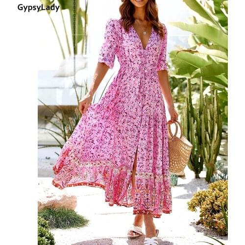 GypsyLady Pink Floral Maxi Summer Dress Vintage Holiday Women Dress Button Front Split Ruffles Tassels Lady Female Sexy Dress