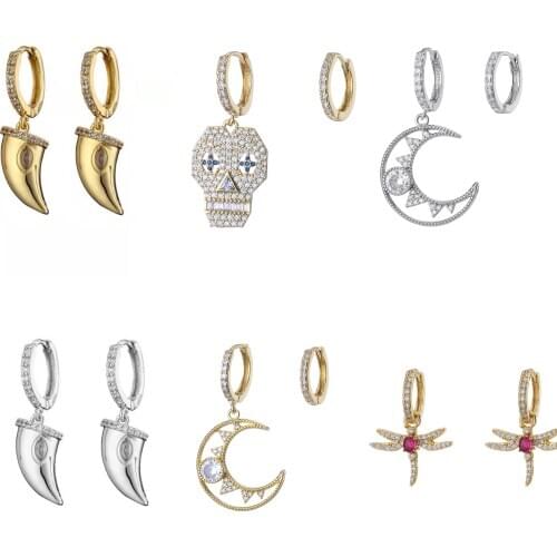 HECHENG,1 pair,Moon skull Asymmetry Earrings For Women Fashion CZ Rhinestone Small hoop Earrings Jewelry