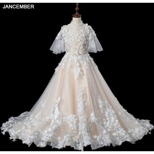 HTL0630 Luxurious Lace Up Back Sequined Flower Girl Dresses 2020 V-Neck Ball Gowns Off The Shoulder Appliques