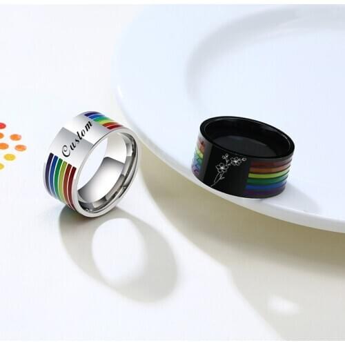 Personalize Custom Words Love Images 10mm Wide Ring for Men Love LGBTQ Rainbow Lines Wedding Band Stainless Steel Finger Jewelry