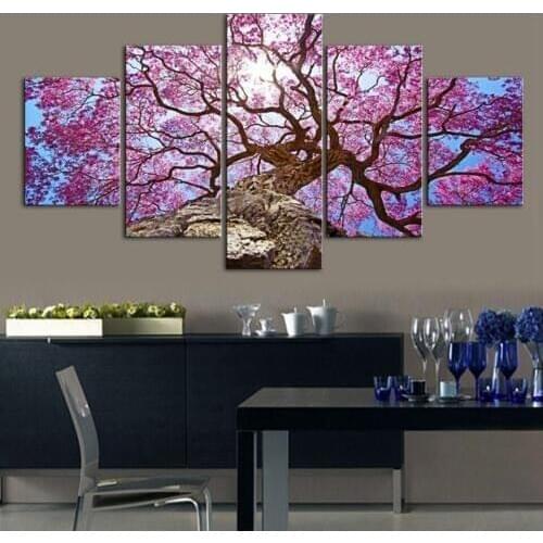Canvas Art 5 Pieces Cherry Tree Landscape Painting Modern Home Decoration Pink Flower Posters And Prints Wall Picture For Room