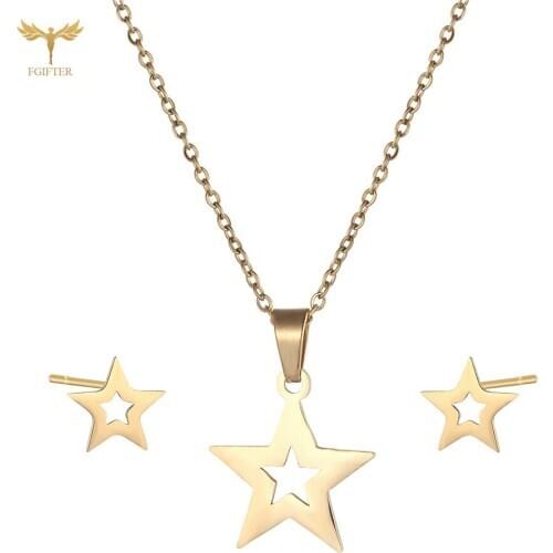 Romantic Womens Jewelry Set Star Necklace Stud Earring Hollow Star Accessories Golden Stainless Steel Necklace Earrings