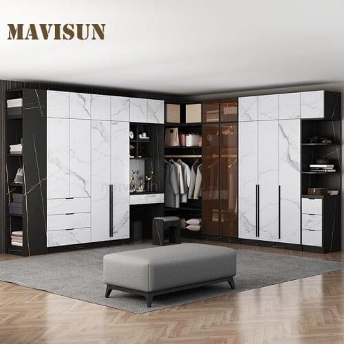 L-Shaped Corner Household Wardrobe White Dressing Table And Wardrobe Combination European-Style Wooden Closet For Clothes