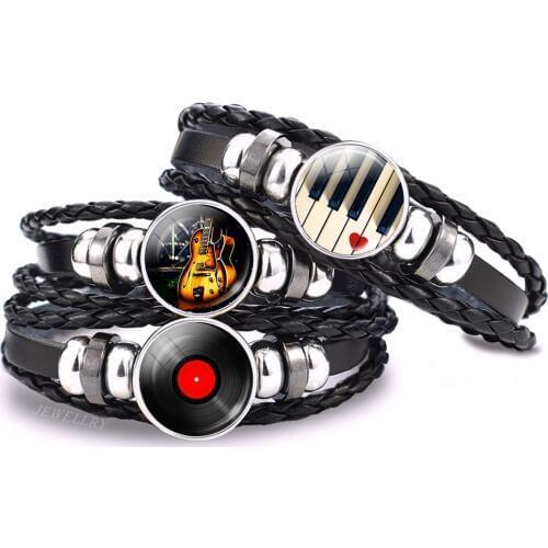 Music Notes Bracelet Vintage Violin Piano Musical Instruments Black Punk Mens Jewelry Glass Cabochon Bracelets Musician Gift