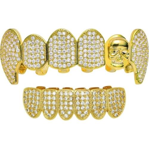 Skull Teeth Grillz Iced Out AAA Zircon Top & Bottom Tooth Set For Men Women Fashion Tooth Grillz Hip Hop Jewelry