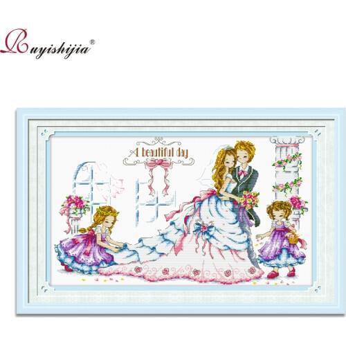 RUYISHIJIA Cross Stitch Kits DIY Needlework Embroidery Decoration paintings Wedding bride and groom Painting embroidery kit