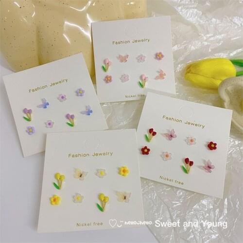 S925 Fashion Tulip Butterfly Earrings Set Simple Female Korean Temperament Super Fairy Girl Style Cute Earrings Trend