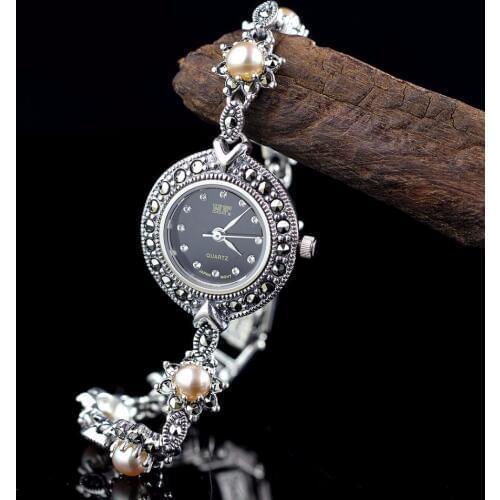 New Arrival Limited Edition S925 Pure Silver Watch Natural Pearls Lady Thai Silver Bracelet Fine Jewelry Rhinestone Bangle Watch