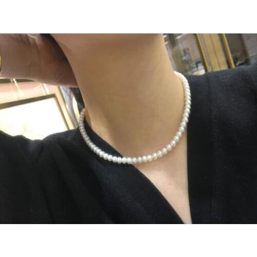 7mm white real Pearl choker necklace gold clasp natural Freshwater PEARL Women Jewelry 17'' 43cm 35cm