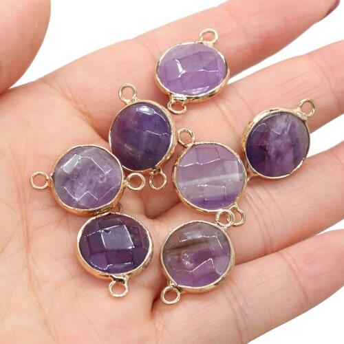Natural Stone Amethysts Pendants Round Faceted Gold plated Connectors for Jewelry Making DIY Necklace Bracelet Crafts