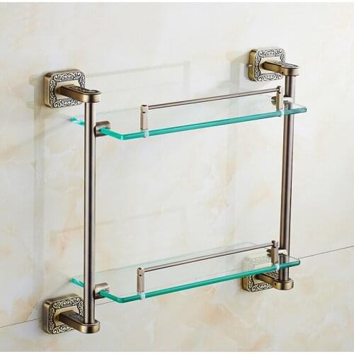 Carved style bathroom dresser shelf brass, Antique brushed bathroom shelf wall mount, Copper glass bathroom rack shelf vingtage