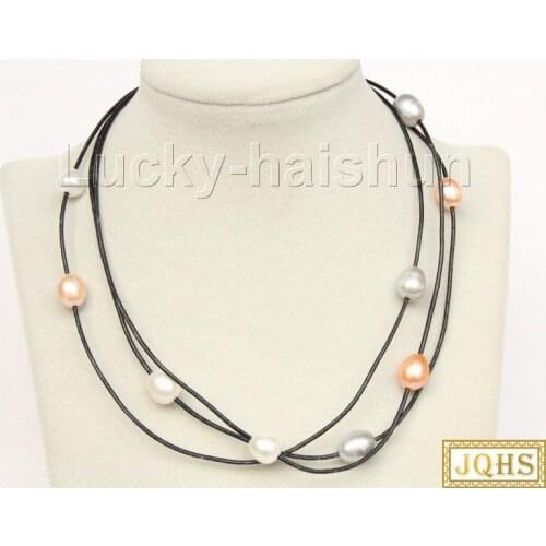 Adjustable 3row White Gray Pink Purple Rice Pearls Black Leather Necklace J9933