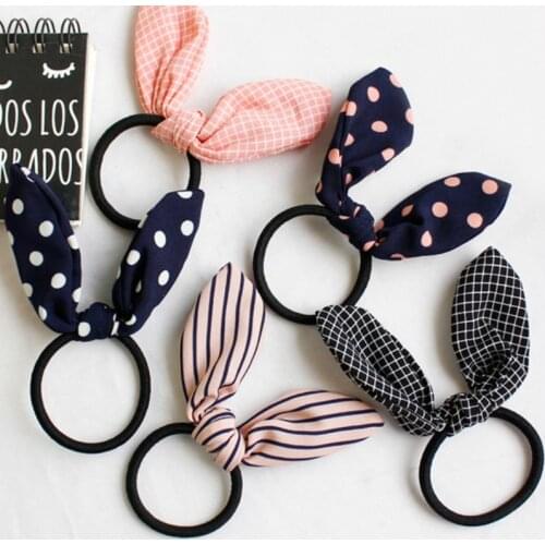 Korean Sweet Girl Simple Cute Dot Stripes Fabric Rabbit Ears Rubber Band Hair Rope Fashion Children Ponytail Hair Accessories
