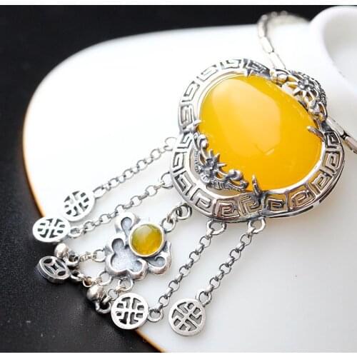 Silverware Retro Tassel Thai Silver Pendant S925 Sterling Silver Inlaid Natural Lapis Lazuli Chalcedony Pendant Fashion Female