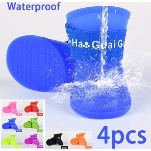 4Pcs/set Silica Gel Pet Dog Rain Shoes Anti Slip Dog Booties Rubber Portable Waterproof Pet Dog Cat Rain Shoes Autumn and winter