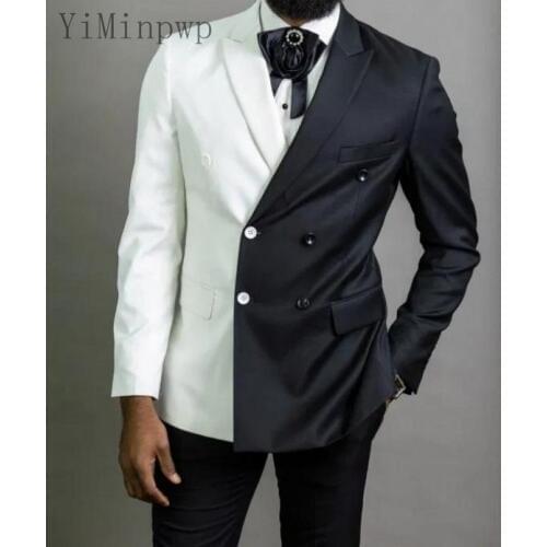 Black and White Men Suits Peaked Lapel Double Breasted Prom Suits Costume Mariage Homme Blazer Jacket Men Tuxedos Suit Coat+Pant