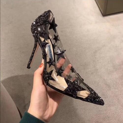 Designer fashion womens pumps black crystal Rhinestone pvc pointy toe stiletto stripper High heels Shallow bridal wedding shoes