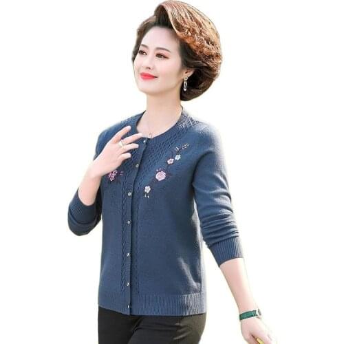 Knit Cardigan Sweater Middle-Aged Elderly Mothers Spring Autumn Knitting Ladies Jacket Neck Single Breasted Loose Women Sweater