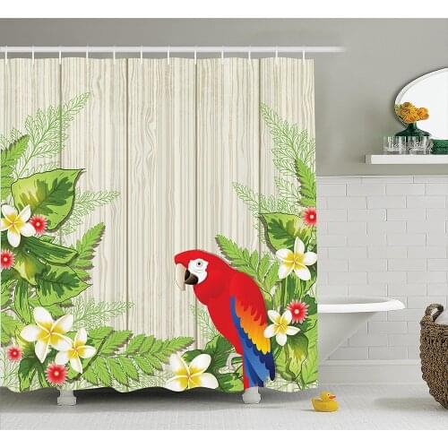Parrots Shower Curtain Tropic Flowers and African Parrot in Summer Garden Wooden Wall Ferns Decor Bathroom Curtains Accessories