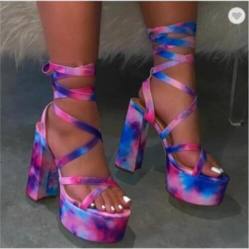 Women sandals Canvas Lace Up 10CM Thick heel Round Toe Flowers Front & Rear Strap waterproof Shallow women shoes size 35-42