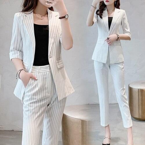 Womens 2 piece sets 2019 fashion temperament OL commercial striped suit female summer suit