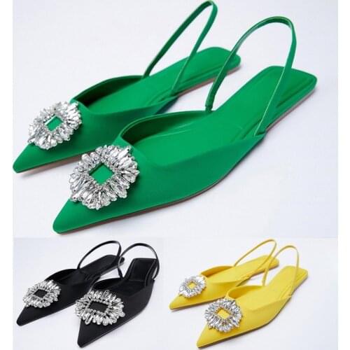 Flats Sandals Women 2021 Summer Pointed Flats Slippers With Diamond Fairy Temperament Green Silk Elegant Sandalias Mujer Shoes