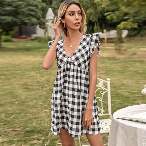 Ladies Plaid Flying Sleeve V-Neck Waist Sleeveless A-Line Skirt Elegant Dress For Girls Clothes Vintage Women Clothing 2021