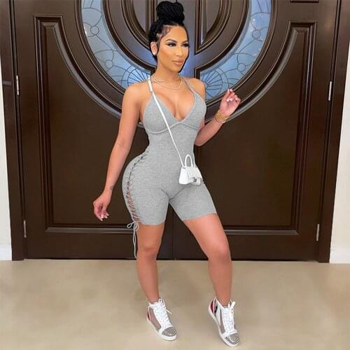 Side Lace Up Hollow Out Sexy Bodycon Playsuit Women Spaghetti Strap Sleeveless Skinny Romper Summer Elastic Clubwear Jumpsuits