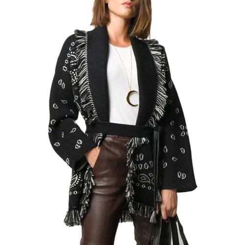 Boho Inspired knitted paisley pattern cardigan Jacquard black cardigan coat women fringe hem belted fashion long sleeve cardigan