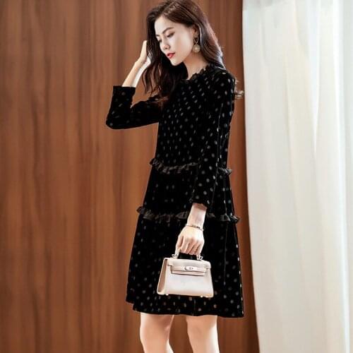 73040 autumn new womens ear collar wave dot printing loose thin age reducing velvet dress A-line skirt