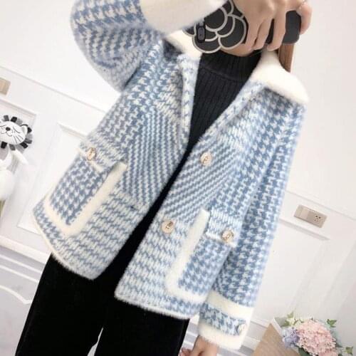 2021 Autumn Winter Women Faux Mink Fur Coat Plaid Single Breasted New Fashion Thick Warm Loose Casual Female Overcoats M108