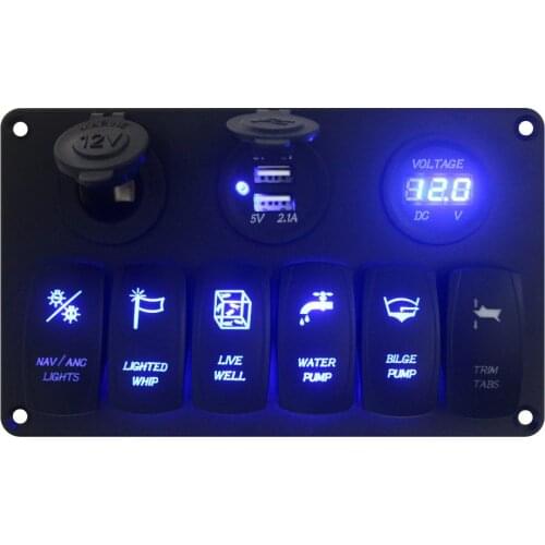 2017 Aluminum RV Car Boat LED 6 Gang Toggle Rocker Switch Panel + USB Power Voltmeter Waterproof