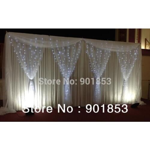 3m*6m backdrop stand*1, 3m drop*6m length backdrop*1, 6m Length organza swag*1 ,1.6m*2.8m organza curtain*4,3m*6mLed light*1