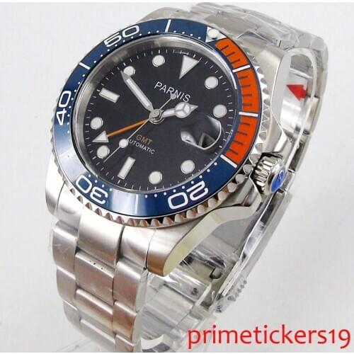 Luxury 40mm PARNIS black dial sapphire glass GMT date automatic movement mens watch