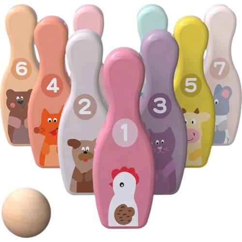 Kids Colorful Wooden Bowling Set Outside Game Toys for Baby Boys Girls