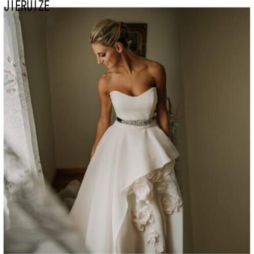 JIERUIZE Elegant Organza Beach Wedding Dresses Strapless Backless Flowers Bridal Wedding Gowns With Sashes vestido de noiva
