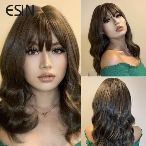 ESIN Dark Brown Medium Long Water Wave Wigs with Bangs for Women Synthetic Hair Natural Party Heat Resistant