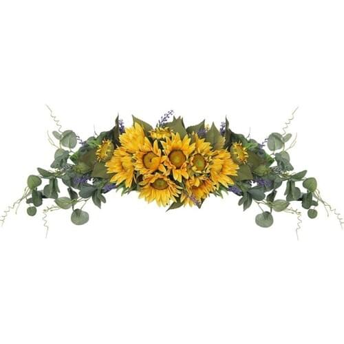 Artificial Sunflower Swag, Sunflowers Lavenders Green Eucalyptus Leaves for Front Door Wedding Arch Party Wall Decor