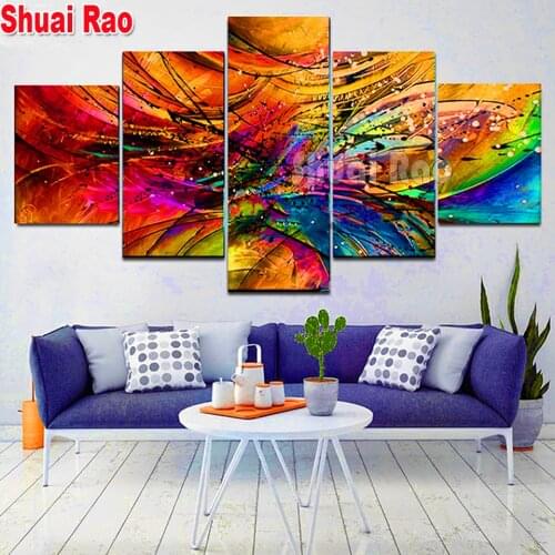Red Green Abstract lines 5 Panel 5D diy Diamond painting mosaic square round drill embroidery cross stitch wall hanging